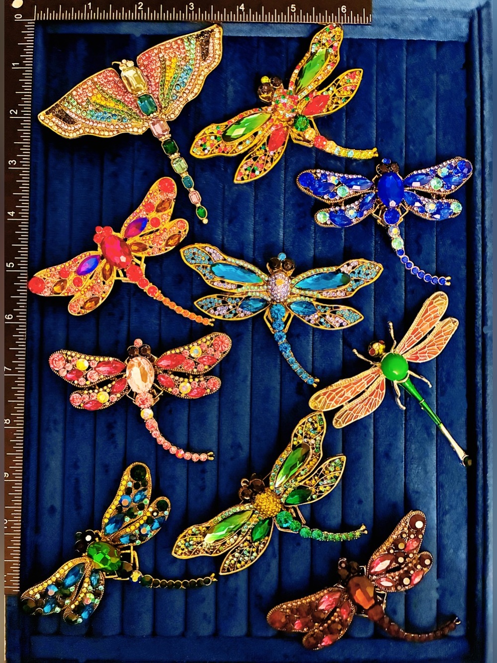 Lot of 10 Large Dragonfly Brooches Colorful Rhinestone Crystal Insect Jewelry